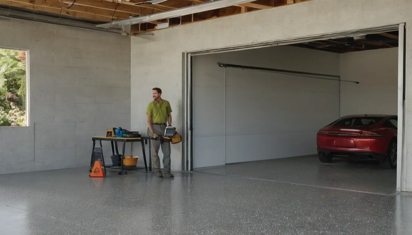Provider applying a flake epoxy coating to a clean garage floor in a home near Boca Raton